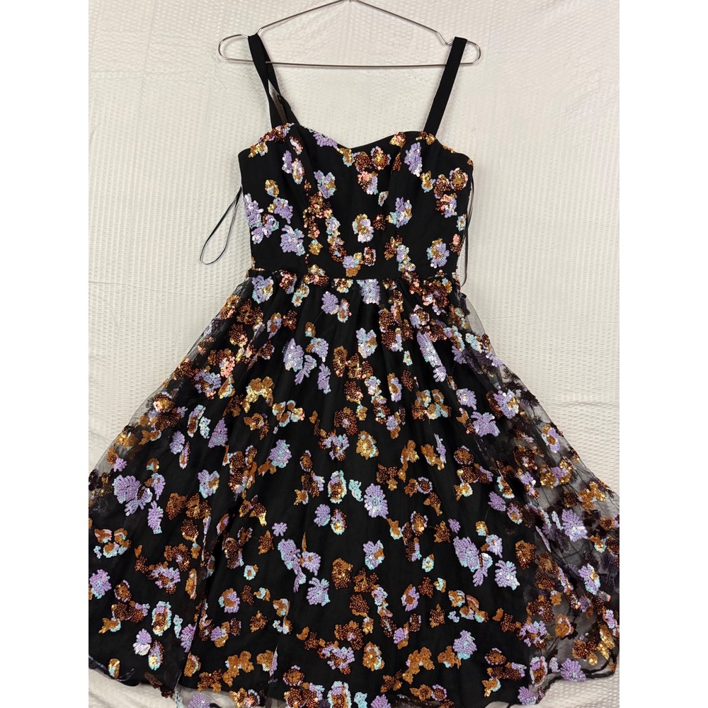 Dress The Population Floral Sequin Fit Flare Dress Black Purple Gold Small NEW - Picture 2 of 11